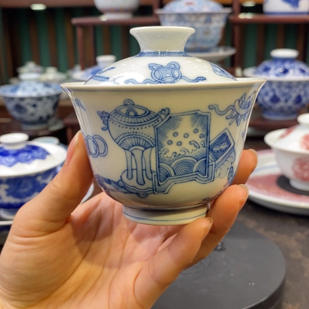 手工陶瓷博古画盖碗