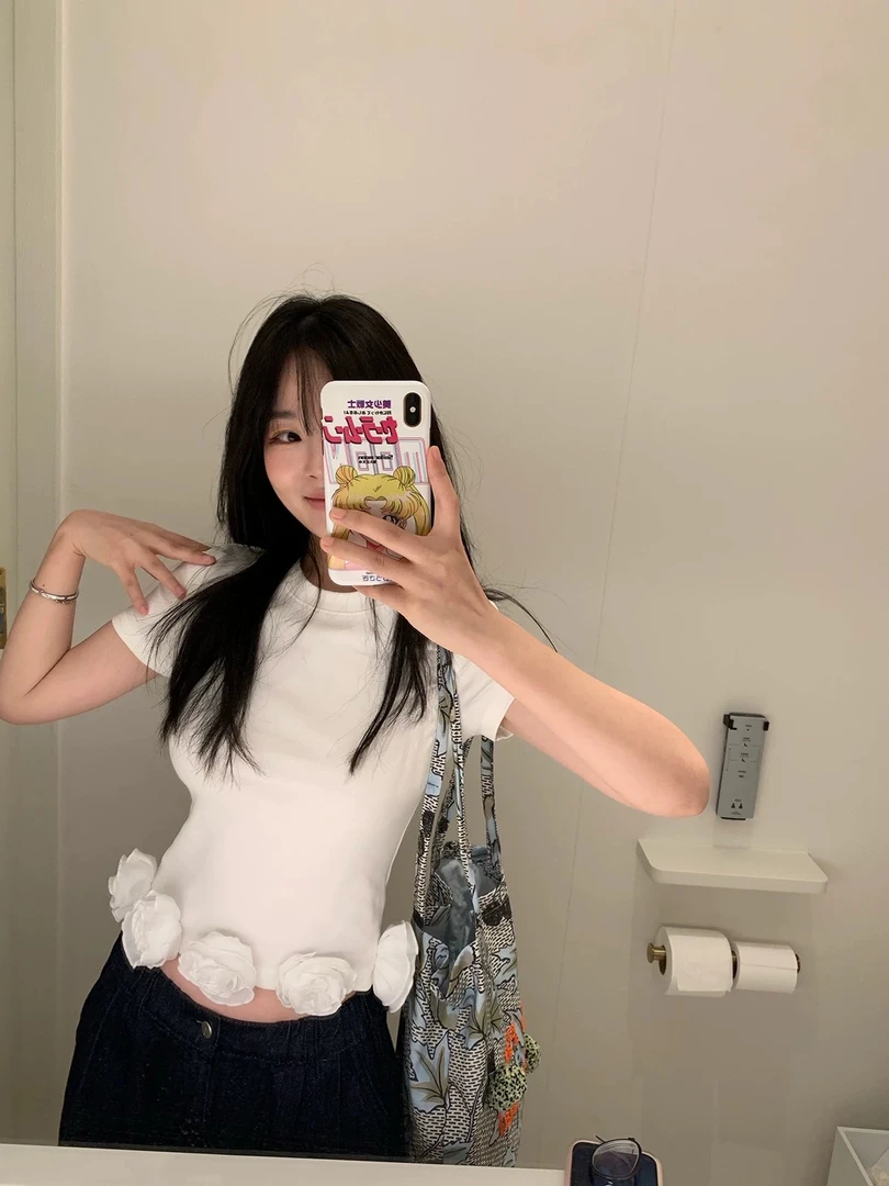 手工白玫瑰半袖女设计感小众上衣