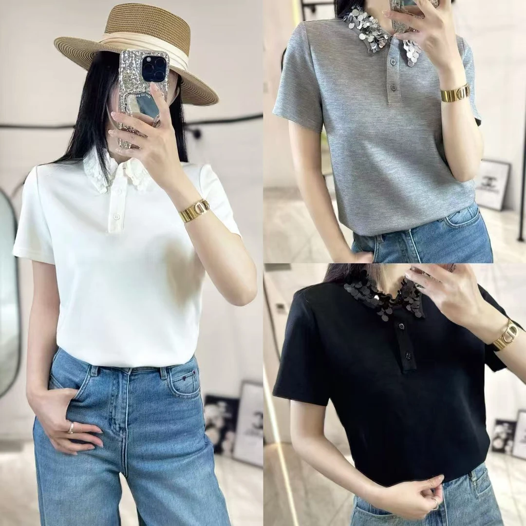 3011 夏季新款钉珠亮片polo领短袖女士T恤小个子时尚百搭