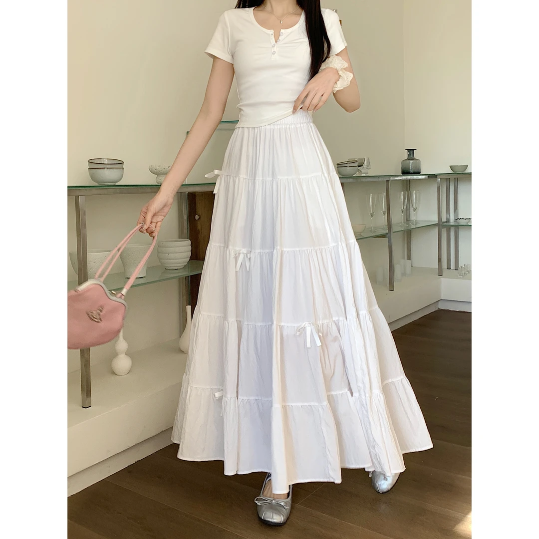 白色半身裙女2025夏装新款高腰复古宽松蝴蝶结气质中长款a字裙女