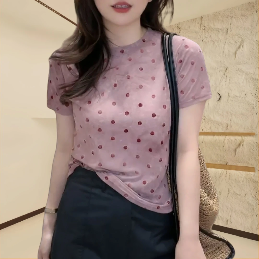 扎染工艺】夏季新款圆领短袖T恤女显瘦植绒波点上衣时尚洋气小衫