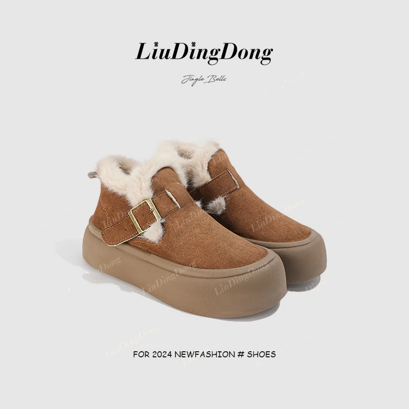 【刘叮咚女鞋】厚底勃肯鞋女2024秋冬毛毛鞋新款加绒保暖全包雪地鞋