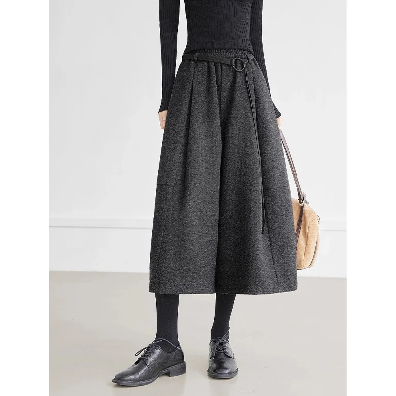 耶古复古灰色压褶阔腿裤女秋冬新款高腰显瘦立体分割蓬蓬八分裙裤
