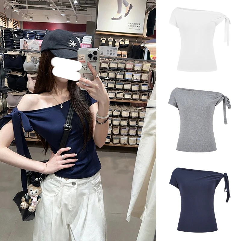 Moses Queen/魔西女王辣妹风绑带斜肩短袖T恤设计感小众修身上衣