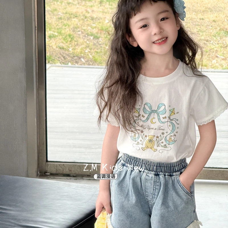 【蓝调漫语】2025女宝夏季圆领半袖花边印花短袖女童T恤H-19504