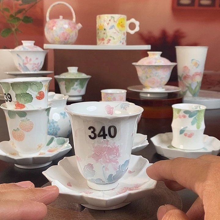 菊花高温釉下品茗杯套装