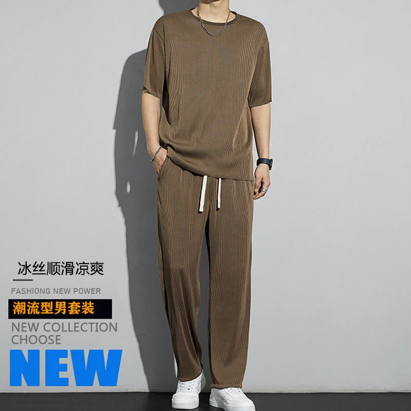 冰丝运动套装男士夏季薄款休闲裤子短袖ins速干垂感衣服一套