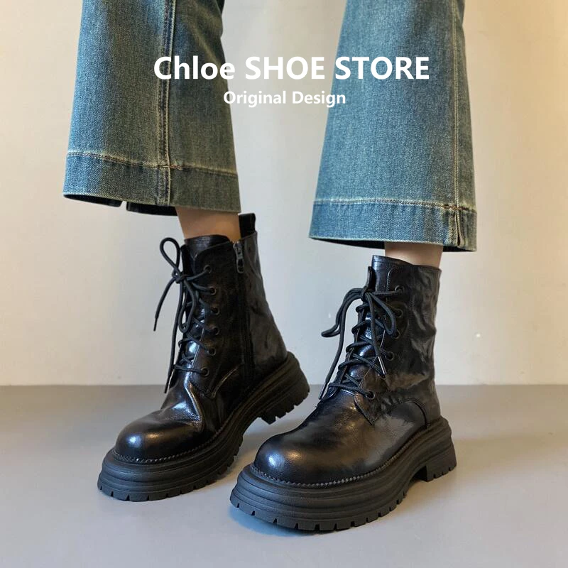 真皮复古马丁靴女秋冬新款机车单靴子系带侧拉链英伦厚底粗跟短靴