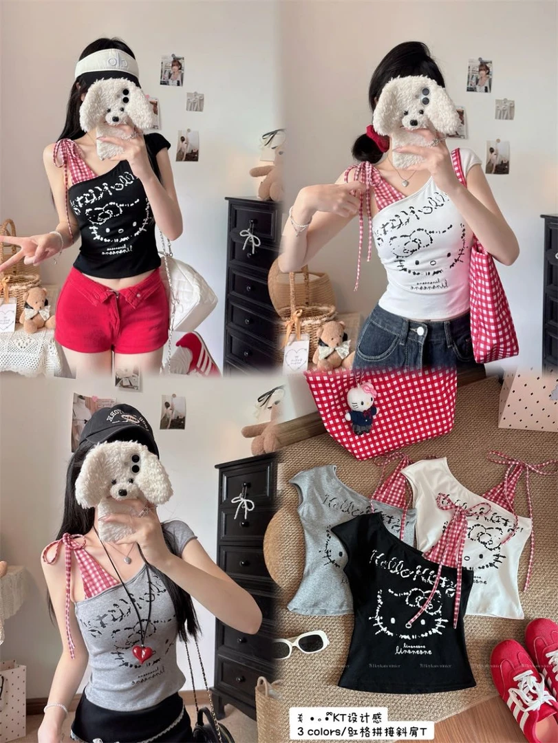 【甜辣妹kitty】红格子单肩绑带露肩带胸垫设计女显瘦斜肩女上衣女