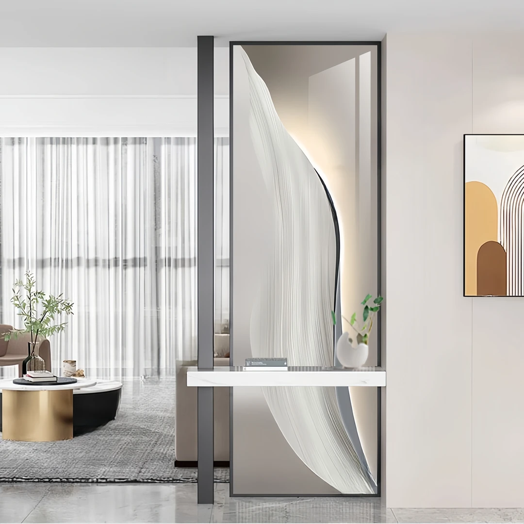 简约轻奢入户彩绘玻璃屏风铁艺不锈钢遮挡装饰客厅洗漱台玄关隔断