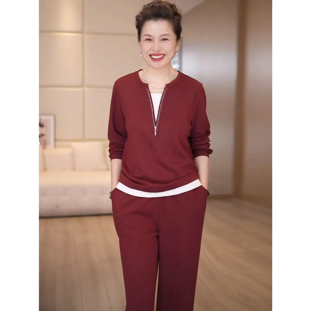 时尚运动套装女春秋2025新款宽松显瘦中年妈妈休闲减龄卫衣两件套