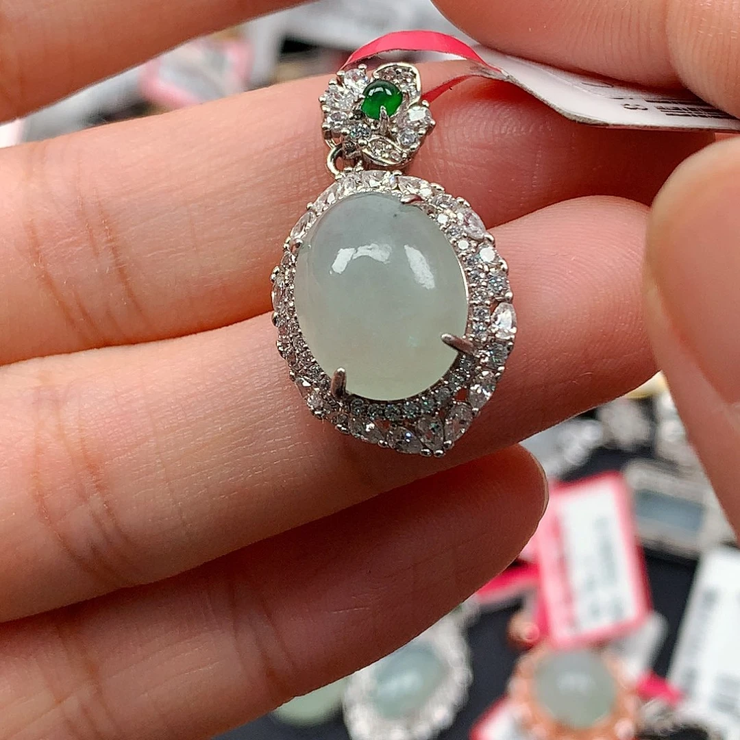 翡翠戒指银S925镶嵌天然翡翠吊坠