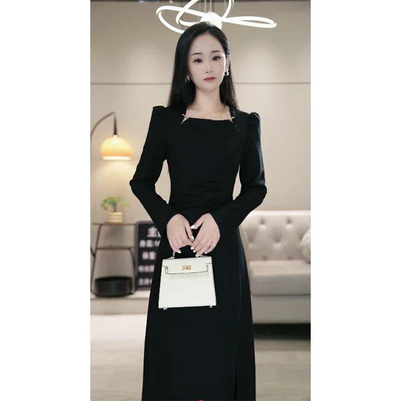 8038秋冬款礼服裙赫本风开叉修身气质中长款打底连衣裙女外穿