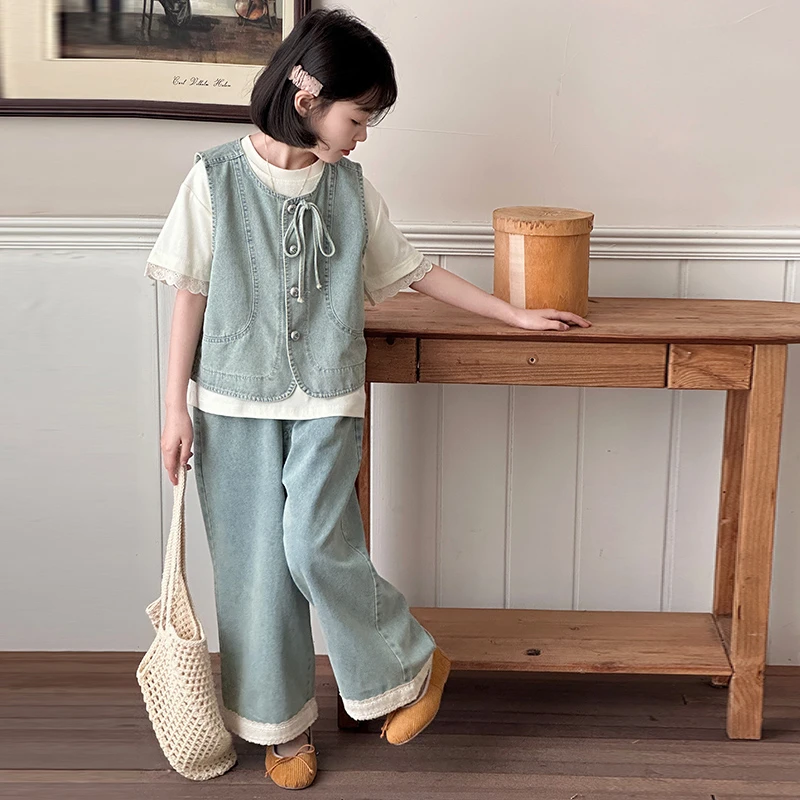 女大童牛仔马甲套装2025夏季新款女孩洋气时髦花边阔腿裤三件套潮