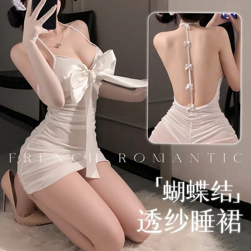 抽褶透纱大蝴蝶结装饰睡裙性感诱惑纯欲家居睡衣7875