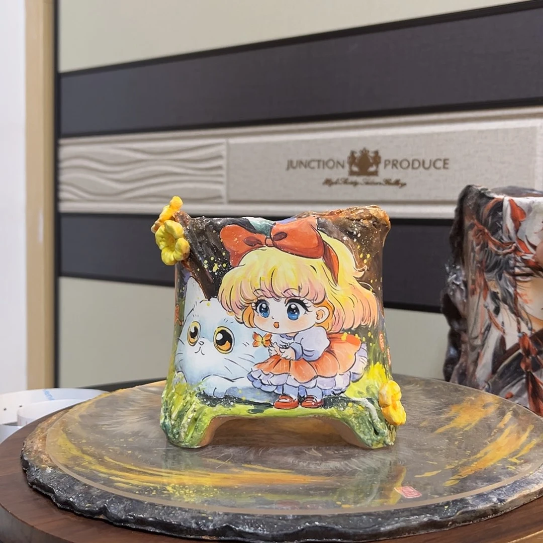 晨辰手绘花盆红色蝴蝶结小女孩