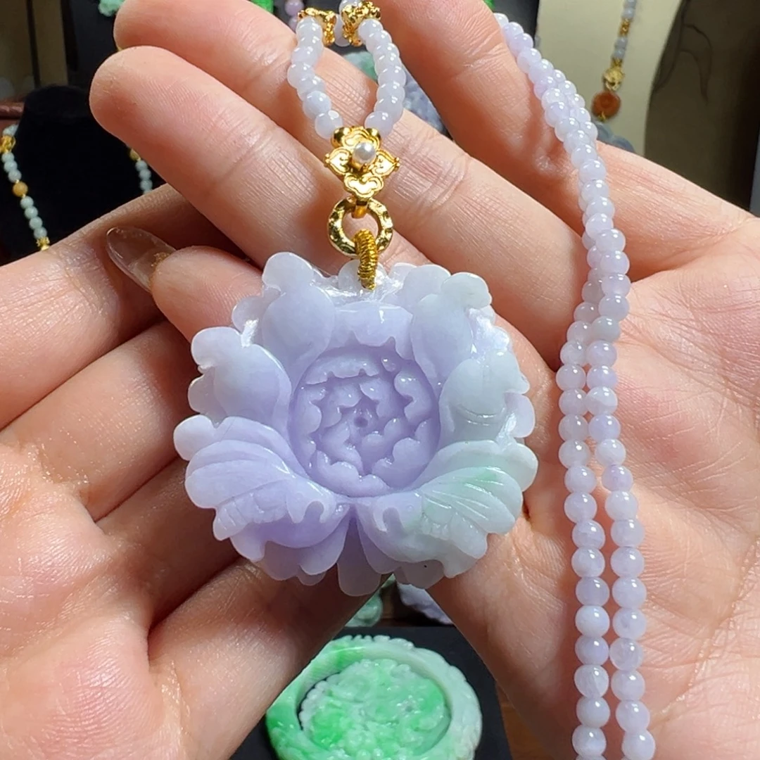 翡翠未镶嵌毛衣链紫牡丹