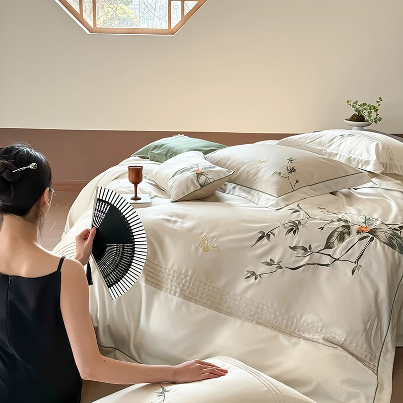 春夏新品高端天丝棉四件套新中式轻奢刺绣床单被套丝滑裸睡床品