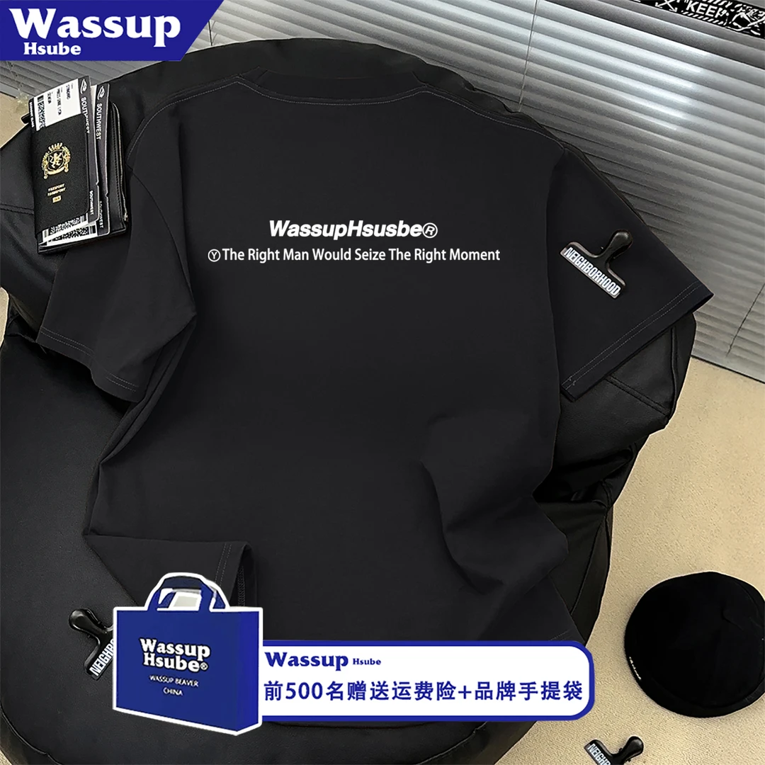 WASSUP HSUBE潮牌简约字母印花短袖男夏季圆领凉感美式宽松T恤女