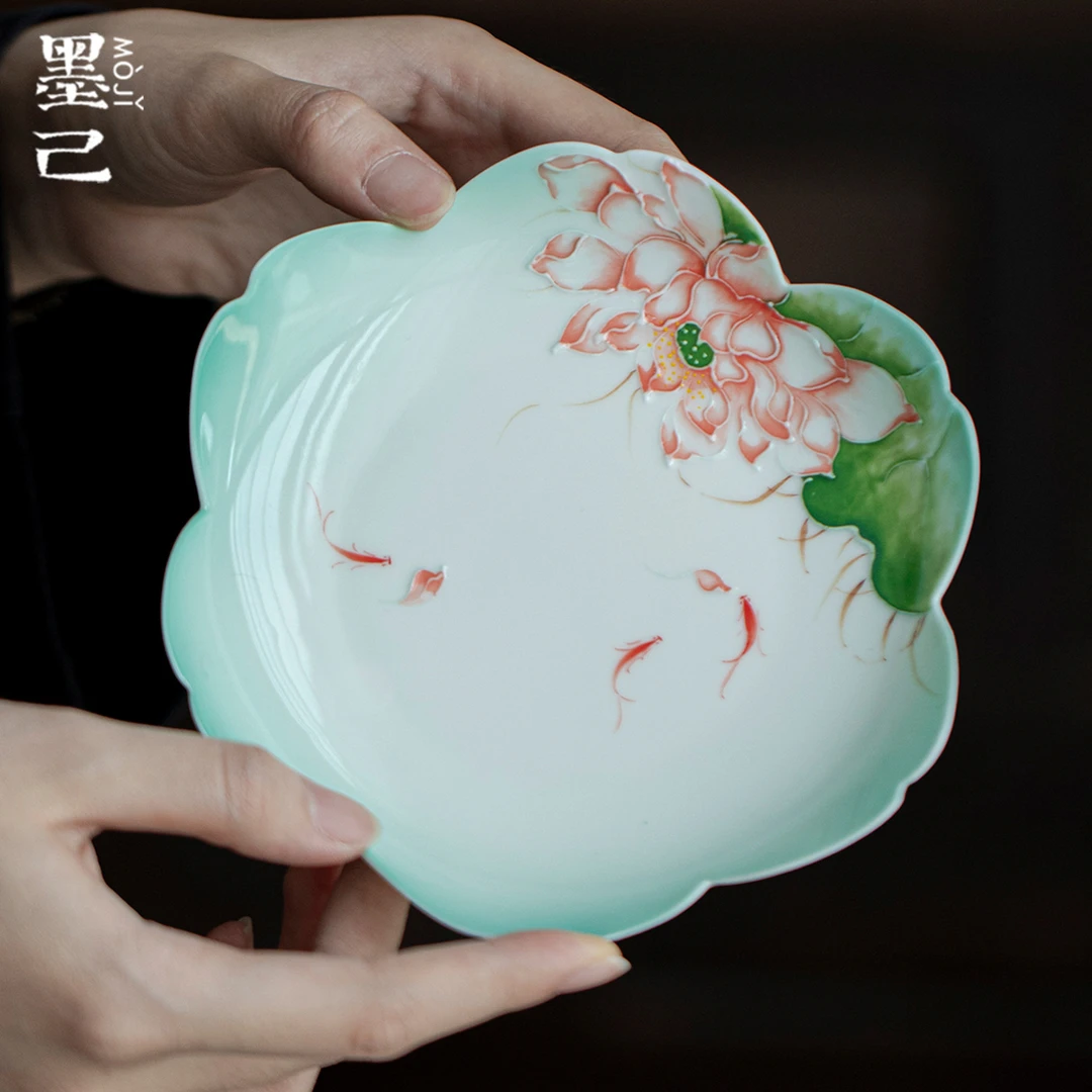 墨己陶瓷绿宛莲馨家用手绘釉下彩荷花干泡盘茶道配件多用茶点盘