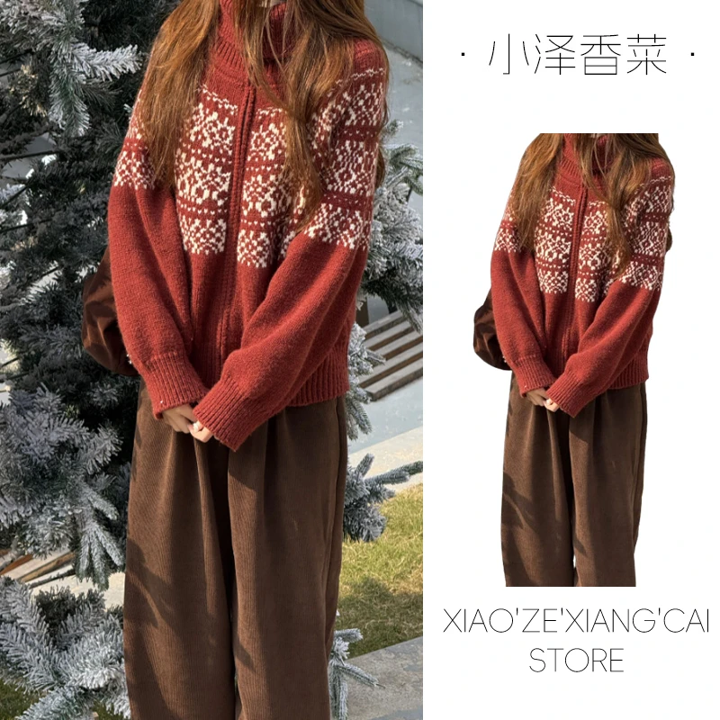 圣诞节新年过年费尔岛红色高领拉链毛衣外套女秋冬慵懒风针织开衫