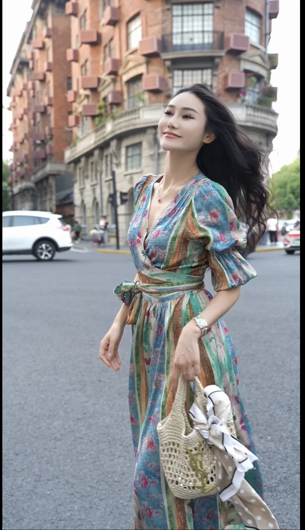 【袁小姐】花漾间  法式复古设计感印花收腰修身连衣裙-HZ631