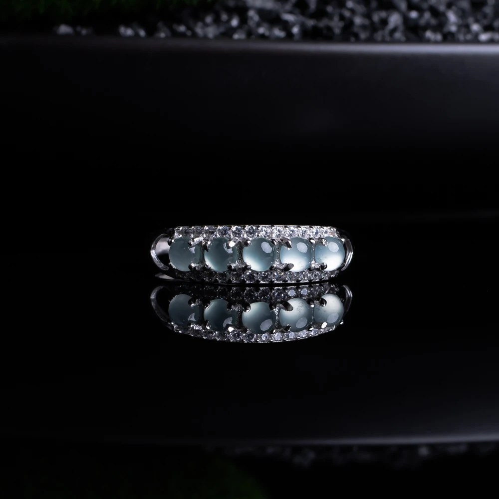 高冰天然翡翠5颗蛋面银镶戒指（多样性发其一）