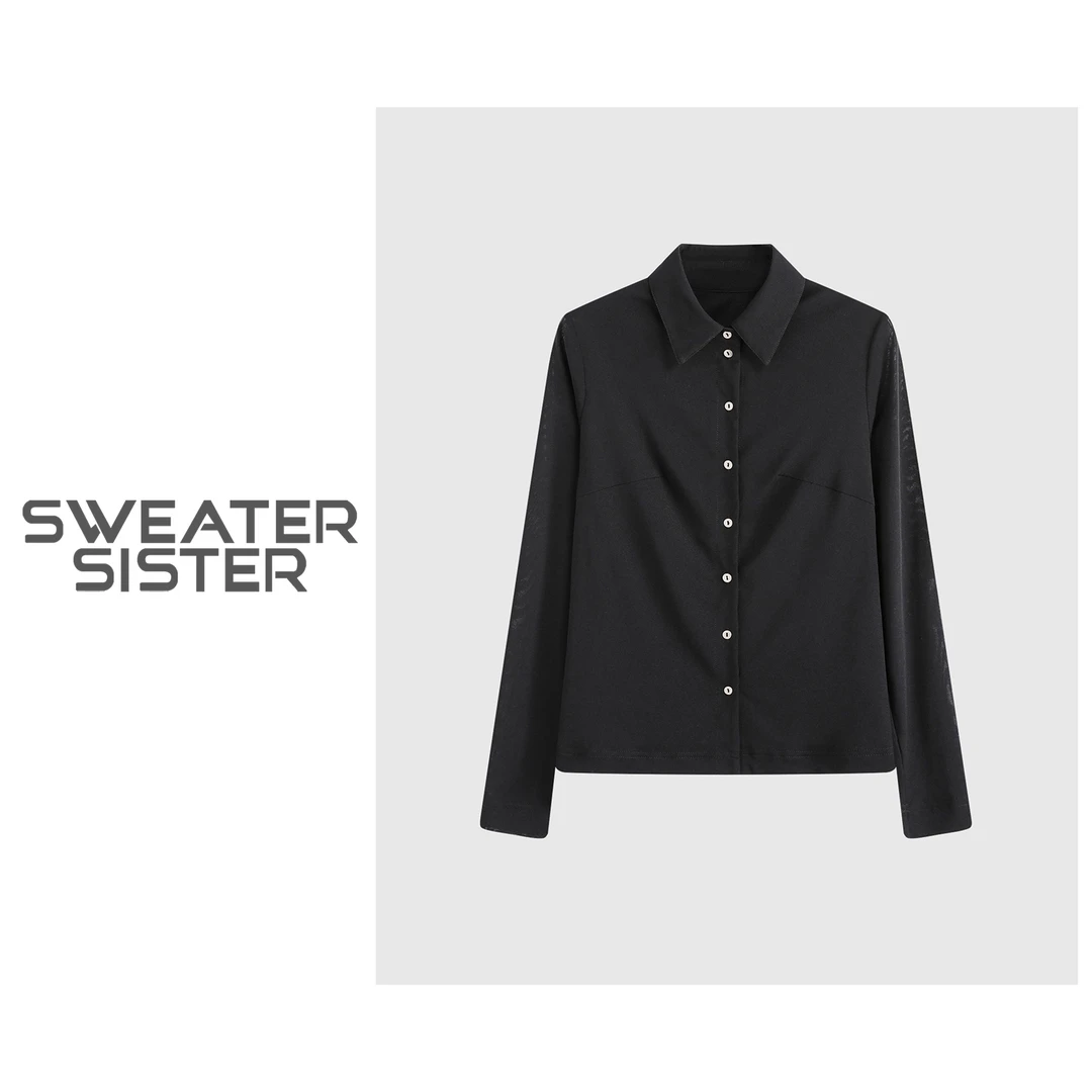 复古百搭翻领单排扣网纱衬衫女509-192