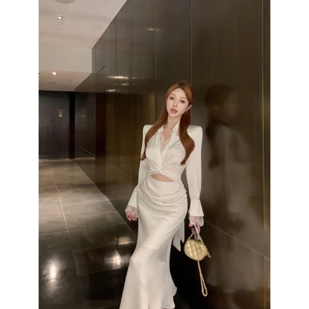 早秋新款开叉连衣裙显瘦气质白色时尚夏季法式包臀9108