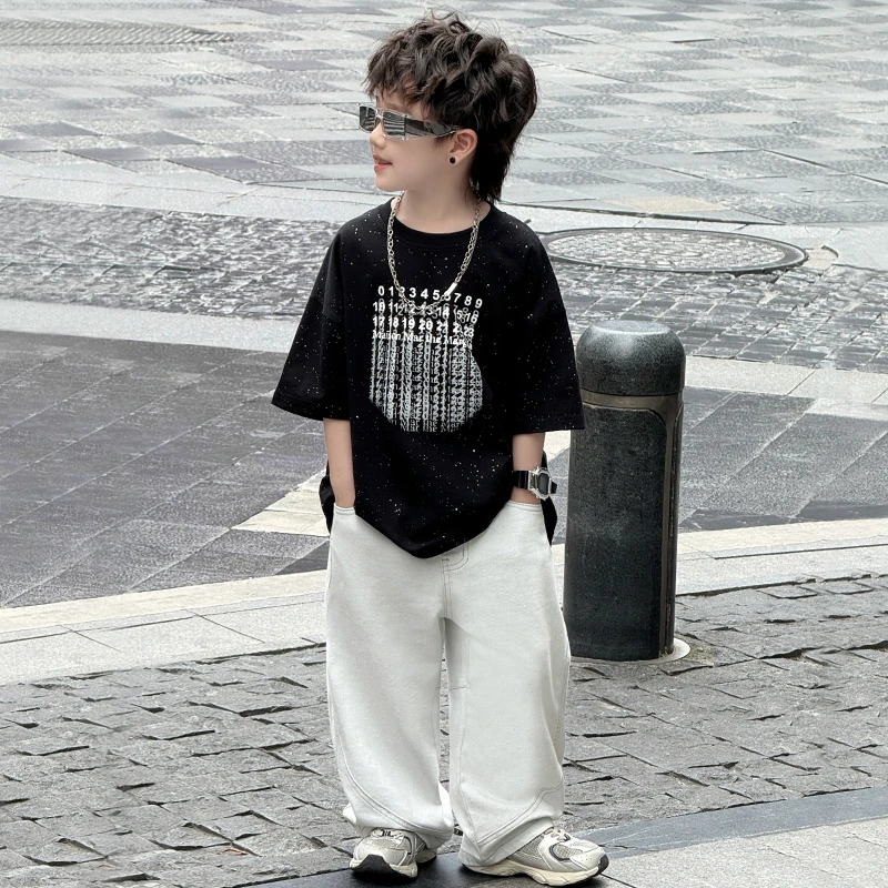 中班仔童装男童套装2025新款纯棉短袖T恤薄款牛仔裤两件套*ZH2526