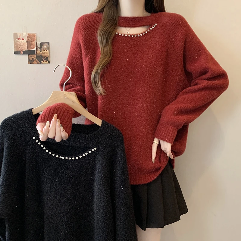 冬装新款胖mm大码女纯欲订钻洋气外穿毛衣针织打底衫上衣71827