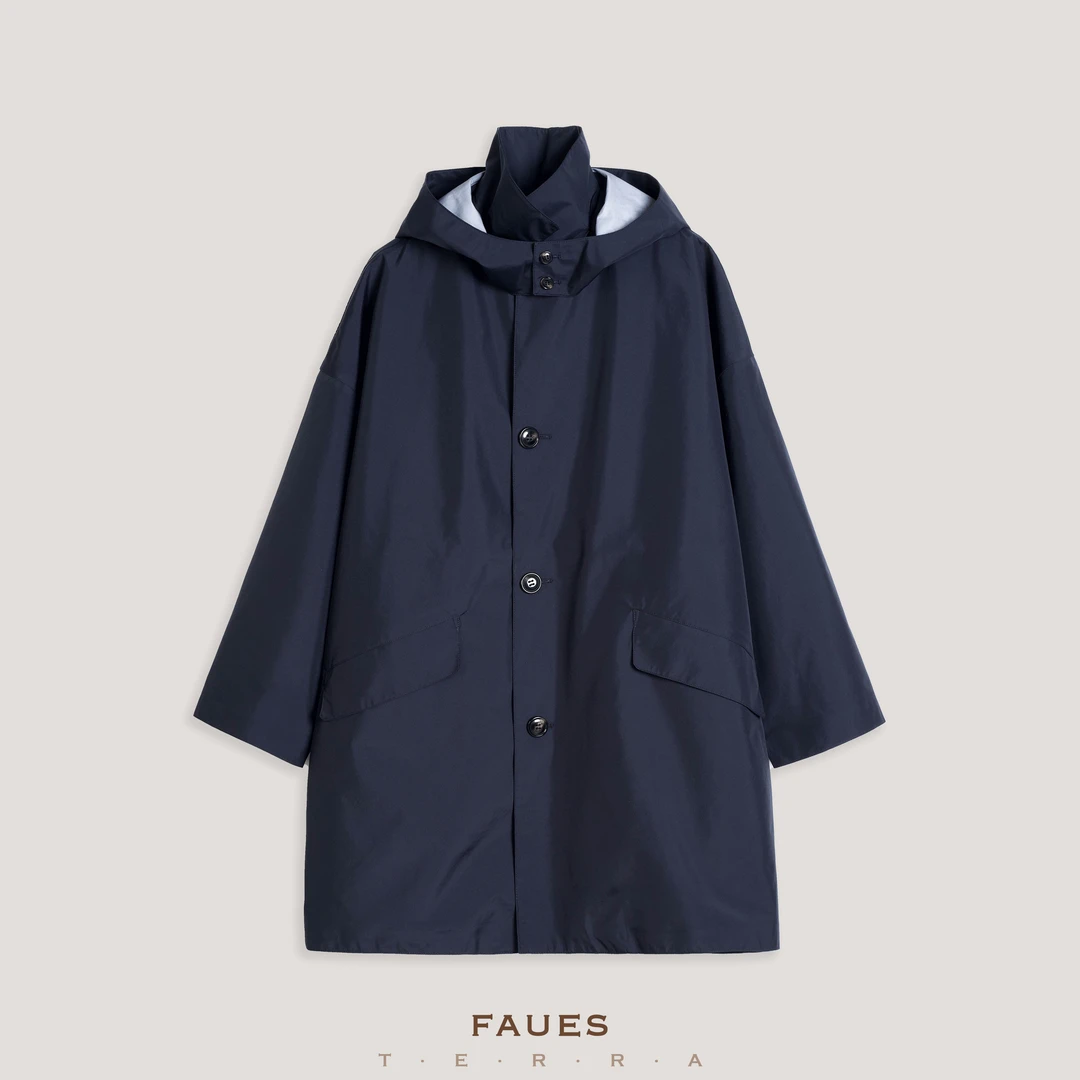 FAUES 雾近幽蓝 小众密织机能轻薄透气防风雨连帽中长款宽松风衣