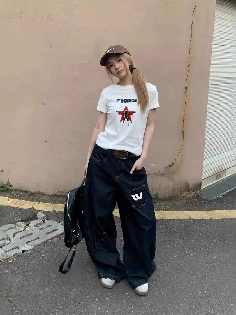 金大牙美式复古阔腿弯刀牛仔裤男女宽松百搭多口袋刺绣廓形长裤