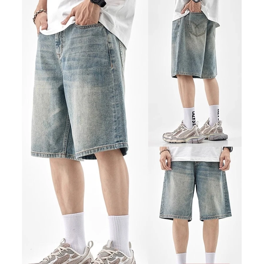 复古做旧直筒牛仔短裤男款夏季新款美式潮流款式休闲阔腿五分裤薄