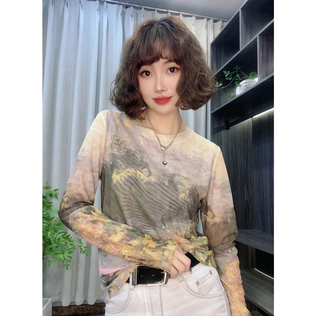 2025夏季爆款田园花卉圆领长袖网纱T恤修身显瘦百搭T恤