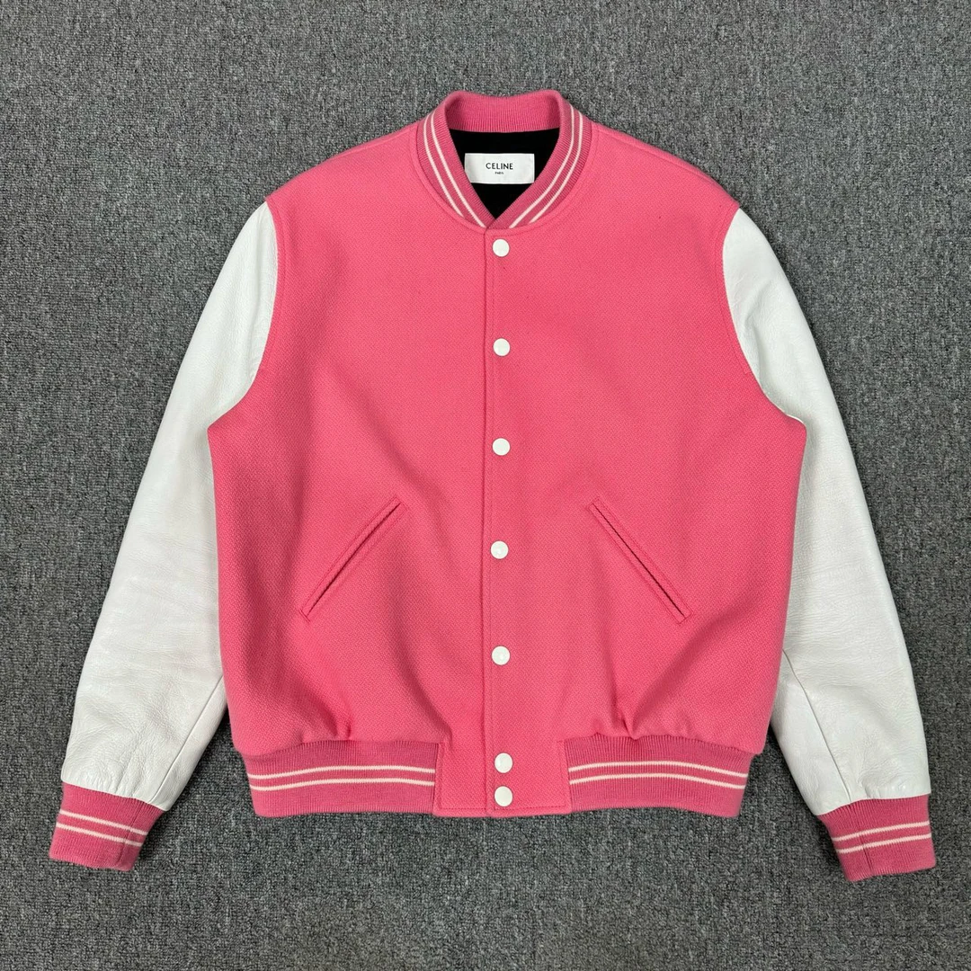 99新 Celine/思琳 11966785nz 粉色拼皮背后标语棒球服外套 50码