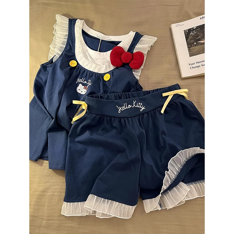 少女甜美可爱卡通凯蒂猫蝴蝶结夏季舒适宽松可外穿睡衣女家居服