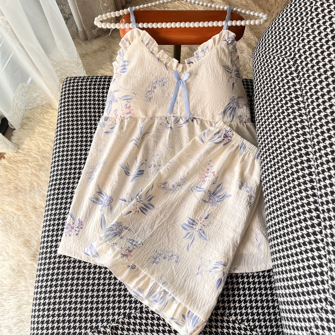 青花瓷国风吊带睡衣两件套装女爆款2025年新款带胸垫可外穿家居服