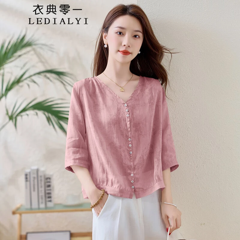 高端苎麻五分袖衬衫女2025夏季新款V领宽松洋气减龄印花小衫上衣