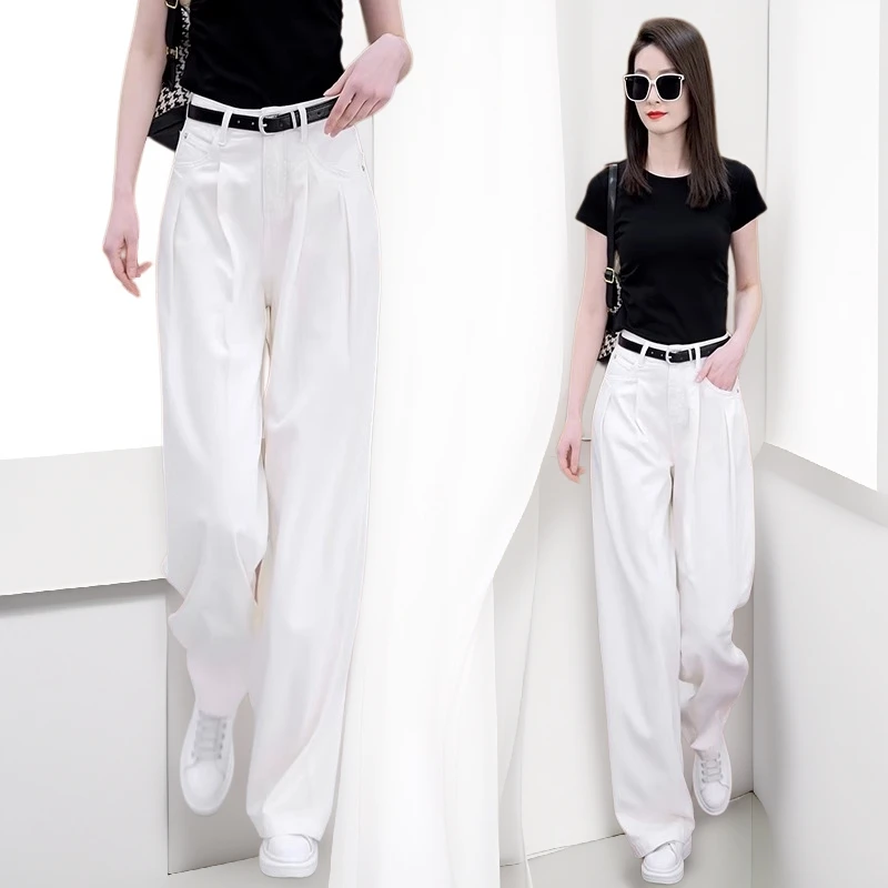 白色阔腿裤女夏季薄款天丝裤子2025新款大码高腰垂感高级感休闲裤