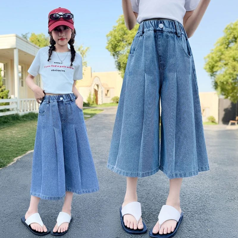 女童夏装牛仔七分裤裙2025新款中大童女孩休闲短袖阔腿裤两件套装