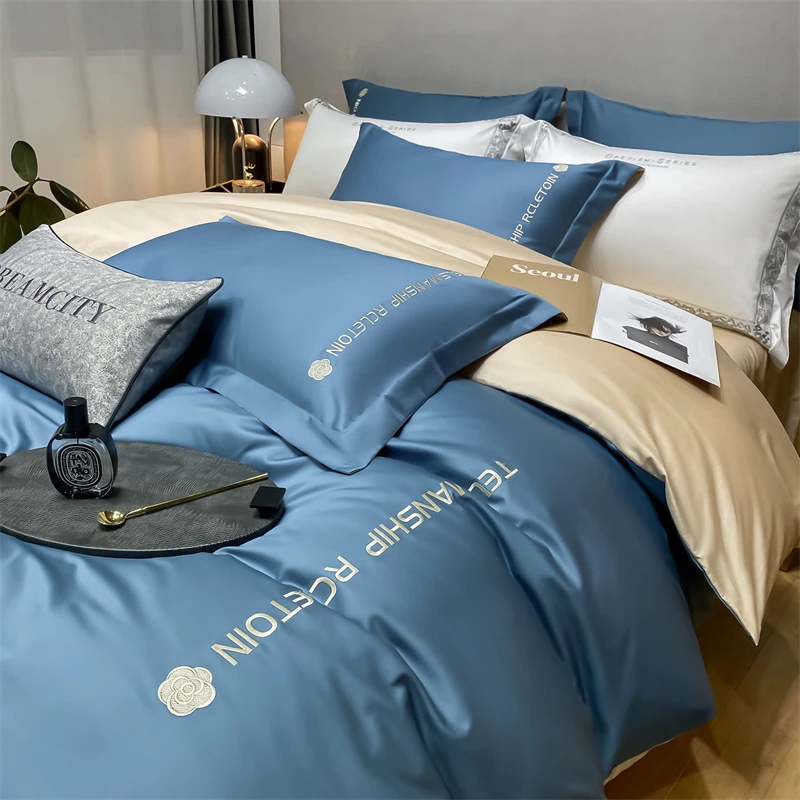 北欧水洗冰丝凉感丝绣花四件套纯色刺绣被套床单礼品三件套轻奢