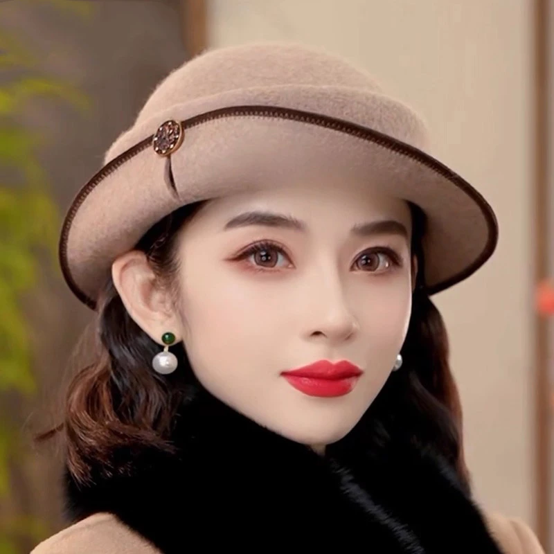 秋冬季羊毛礼帽女士保暖时尚百搭复古优雅渔夫帽蓓蕾帽子