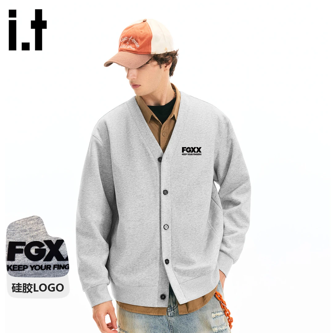 it FINGERCROXX麻灰色无帽卫衣男秋季韩系氛围感穿搭潮牌v领外套