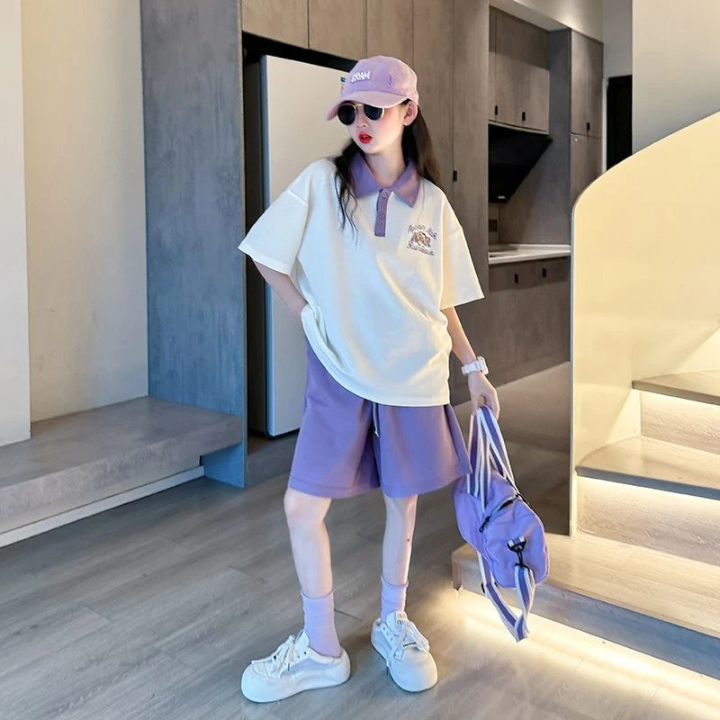 女童套装夏装2025新款儿童洋气Polo领t恤中大童运动短裤两件套潮