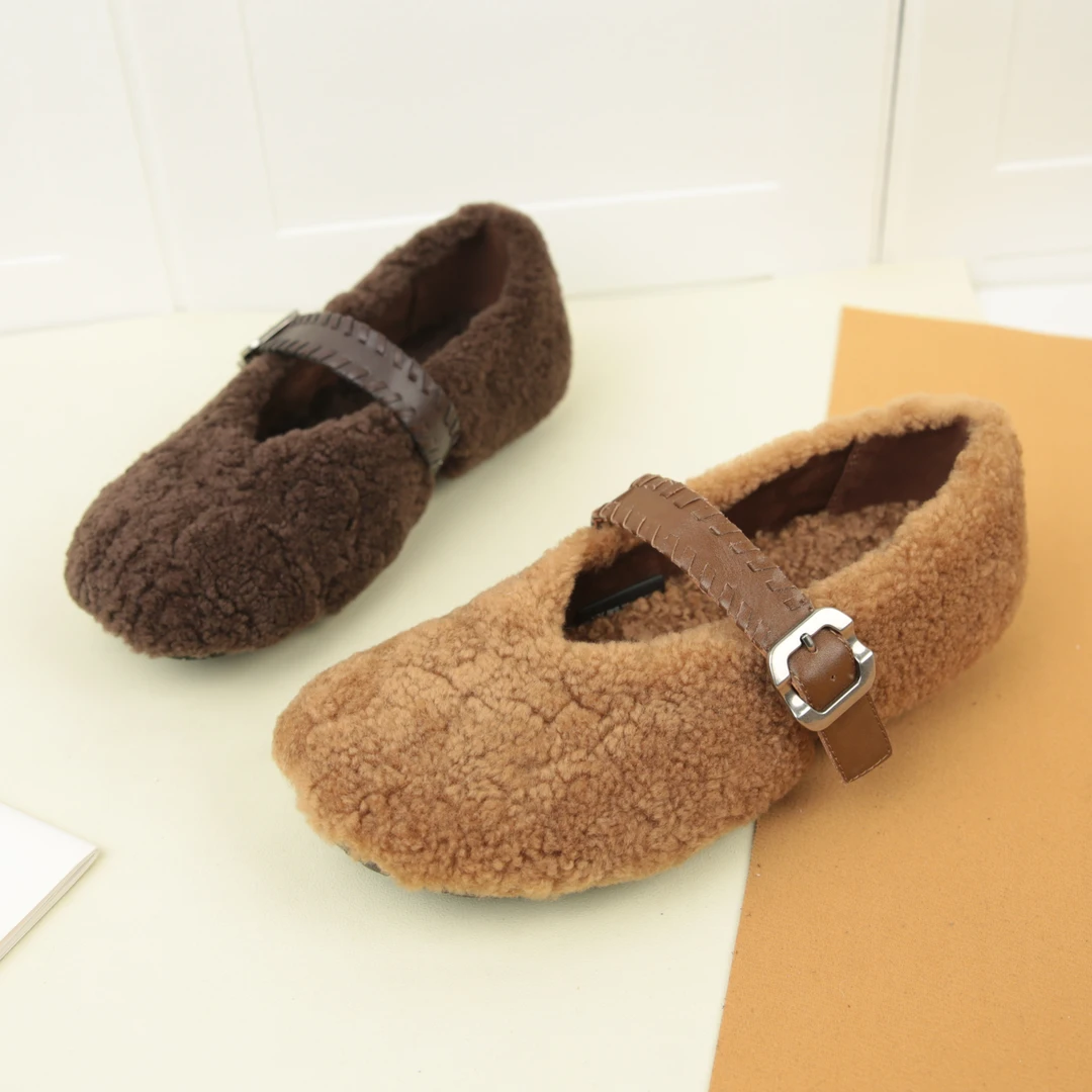 6058冬季新款圆头舒适软底毛毛鞋女加绒保暖松紧一字带玛丽珍鞋