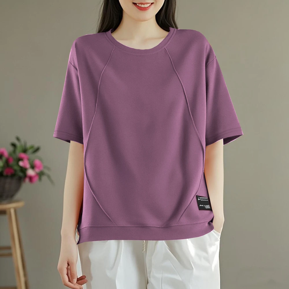 圆领短袖体恤夏季2025年新款大码纯色减龄休闲设计感别致上衣女装
