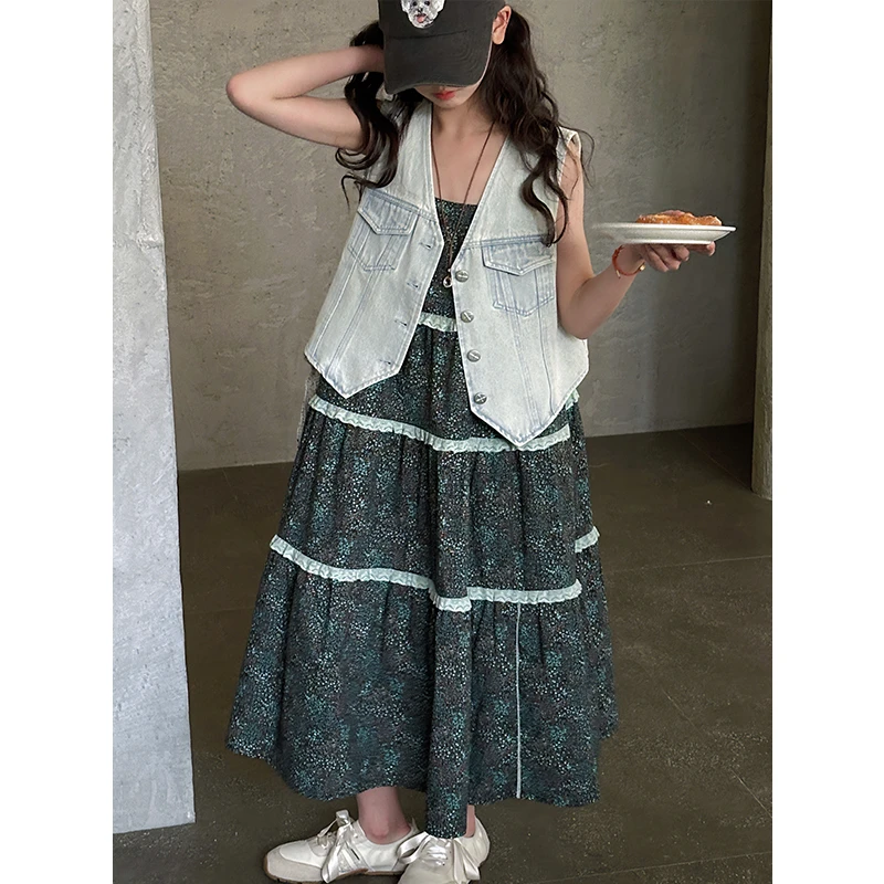 K28363女童套装2025夏装新款儿童两件套女大童春夏连衣裙马甲休闲