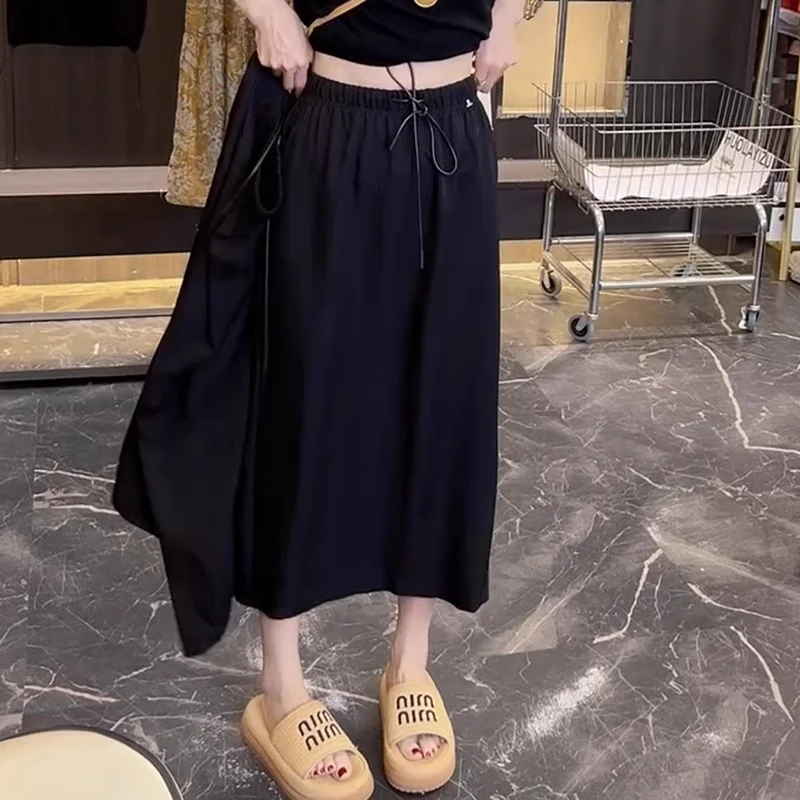 黑色抽绳半身裙女夏季2025新款大码高腰显瘦宽松时尚气质开叉半裙
