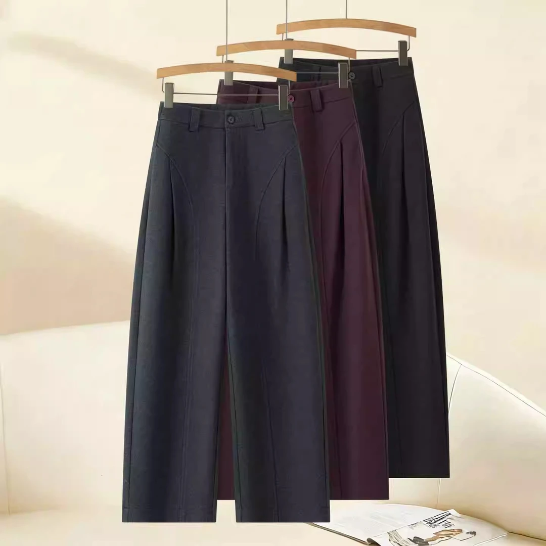 拉夏贝尔秋冬裤子女款高级感毛呢裤2025新款休闲弯刀裤窄版神裤